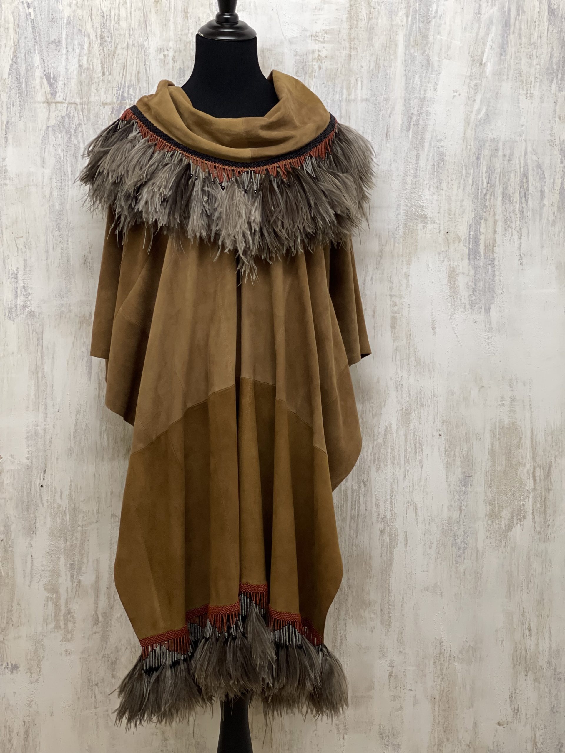 Gaucho style over head Poncho in Tobacco Suede