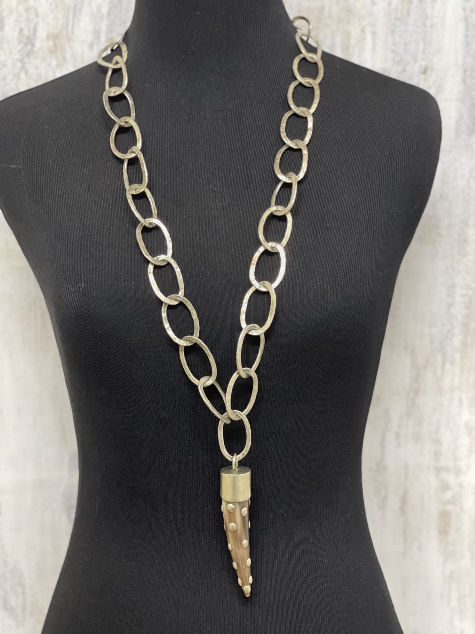 Handmade silver plated chain, cow horn 